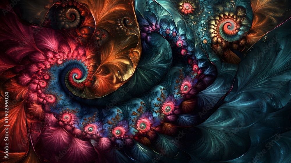 Poster exploring vibrant spiral patterns in abstract art digital creation colorful design artistic environm