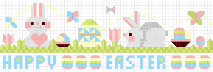 Fototapeta premium PrintCharming Easter Tile Decor with Bunnies, Eggs, Flowers and Butterflies. Seamless border, Party Decoration Concept. Hand-Drawn Vector Illustration, Not AI