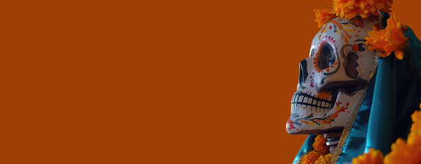 Traditional Mexican Day of the Dead sculpture with vibrant floral accents against an orange background, offering ample copy space for text or designs, embodying cultural celebration and heritage.