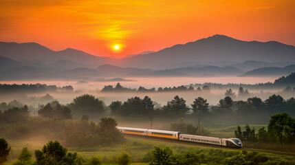Train traverses scenic valley at sunrise with mist rolling over mountains and fields in tranquil early morning light