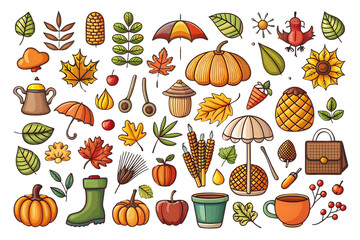 Collection of fall themed items including pumpkins, apples, and umbrellas. Isolated, on transparent background. PNG