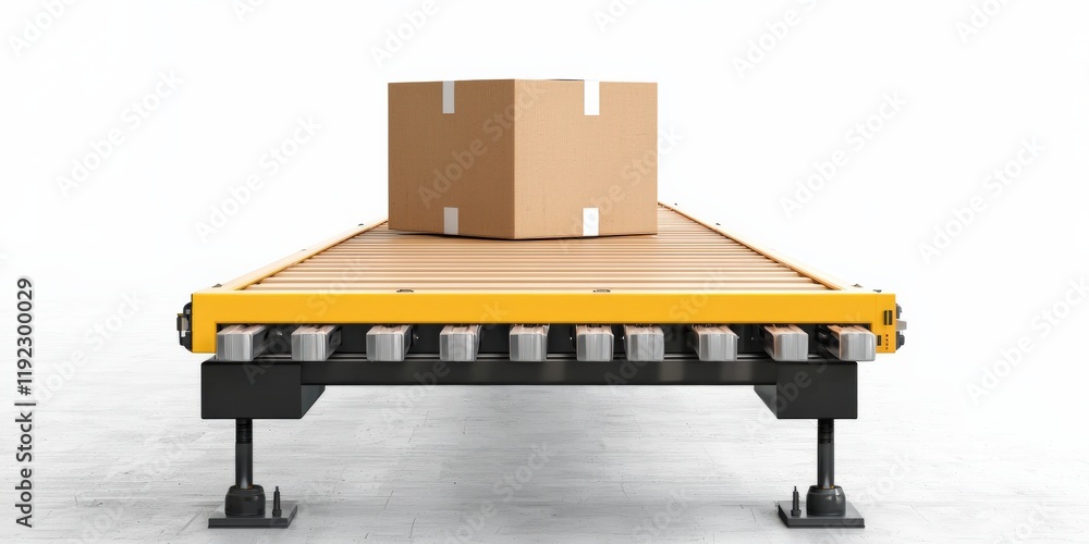Poster machine learning automation training concept. conveyor belt with a cardboard box positioned on top, 