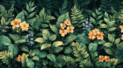 Fototapeta premium Lush foliage with vibrant flowers in a natural setting.