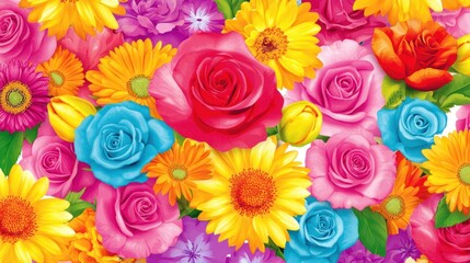 Fototapeta premium Vibrant colorful roses, gerbera daisies, tulips, and other flowers in a lush bouquet.