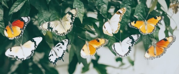 Colorful butterflies flutter amidst lush green foliage.