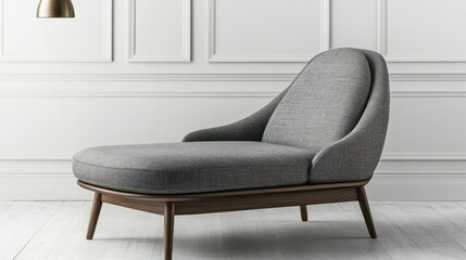 Modern gray fabric chaise lounge on wooden legs in a minimalist white room.