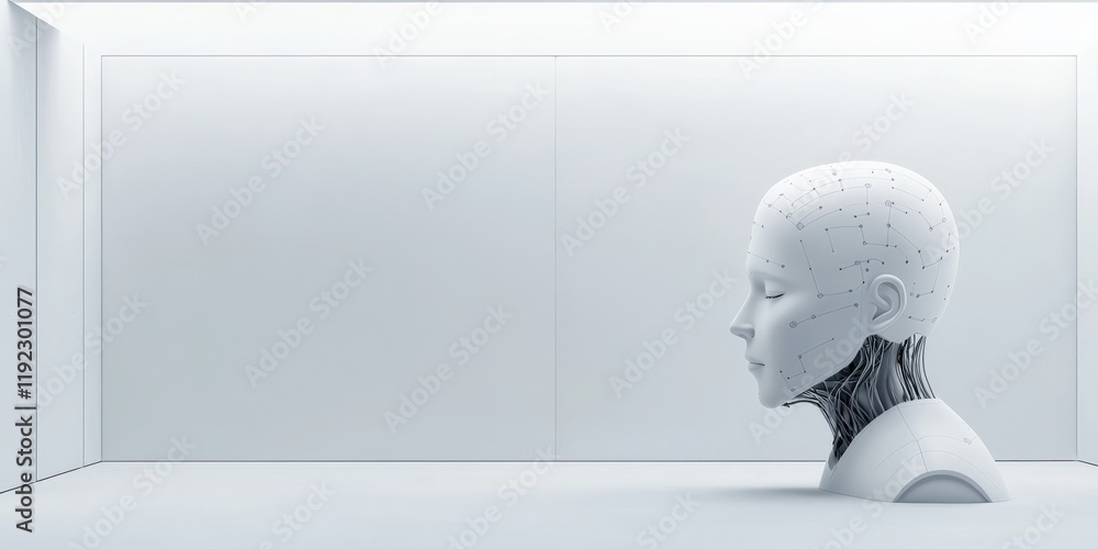 Poster machine learning automation training concept. a futuristic humanoid robot head in a minimalist, whit