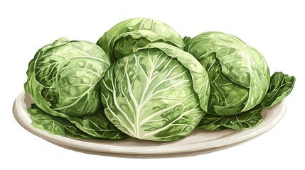 Fototapeta premium Fresh Green Cabbages on a Plate A Detailed Illustration of Four Whole Heads of Cabbage.
