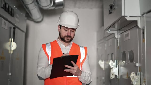 Serious electrical engineer with a beard and hard hat inspects and takes notes on an electrical control panel. Industrial environment of an electrical substation. Close up of a focused man working.