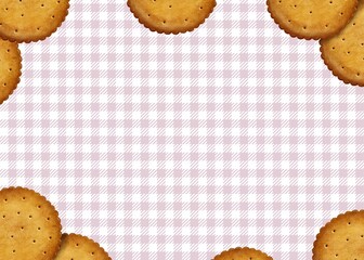 手描きビスケットとピンク色のチェック柄のガーリーな背景フレーム