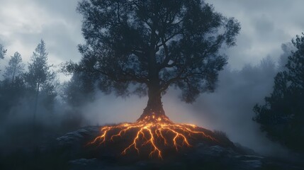 Erupting lava roots of an ancient tree enchanted forest digital art mystical environment dramatic perspective nature's fury