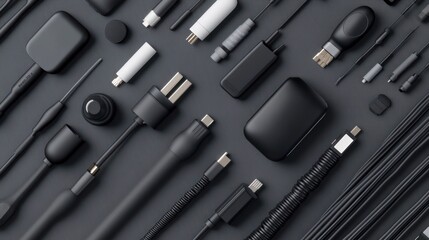 Flat lay of various black electronic components and cables on a dark gray background.