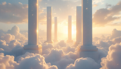 Fototapeta premium Serene Pillars in a Heavenly Sunset: A Dreamlike Cloudscape