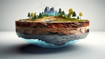 Earth land Soil layers 3D Illustration round soil ground cross section float landscape fantasy floating island