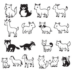 
Black and white cute animal kids collection, sketch line art design, Adorable animal, domestic animal set silhouette vector, wild animal illustration.