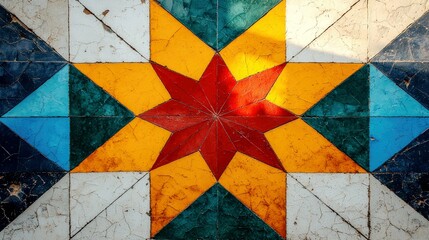 Fototapeta premium Vibrant Geometric Tile Pattern: A Colorful Mosaic of Star and Triangles. Vintage Architecture and Design Texture Background