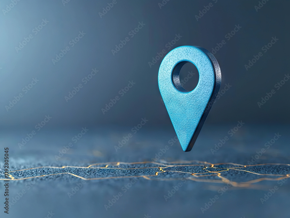 Poster 3d blue location pin on textured surface with soft lighting, representing navigation and mapping