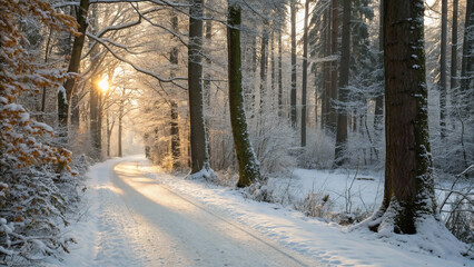 Winter&rsquo;s Embrace: Sunlit Forest Path Through Germany&rsquo;s Snowy Pines"