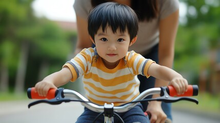 Obraz premium Child riding bicycle with parental guidance.