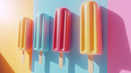 Fototapeta premium Colorful popsicles arranged in a row against a vibrant background on a sunny day