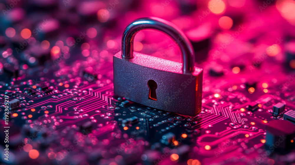 Poster digital security lock on a circuit board with vibrant lights highlighting the importance of cybersec