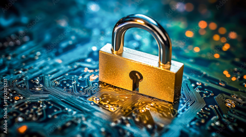 Poster secure digital lock placed on a blue circuit board representing cybersecurity and data protection in