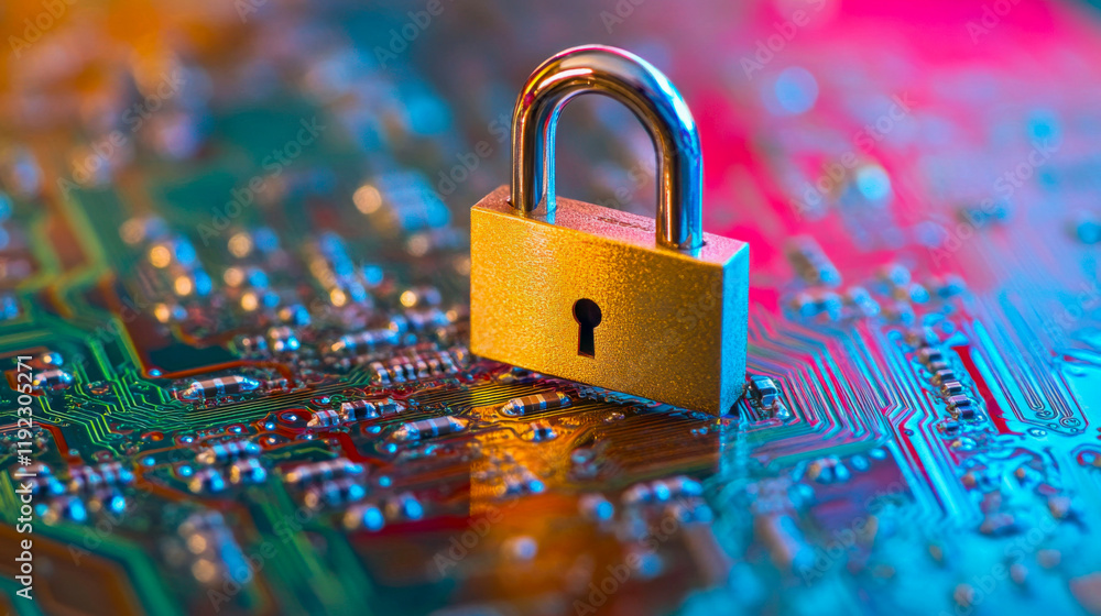 Poster metal padlock placed on a colorful circuit board symbolizing cybersecurity and data protection in a 