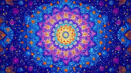 Vibrant Mandala: Cosmic Floral Pattern, Psychedelic Abstract Art Background, Intricate Geometric Design, Colorful Seamless Texture