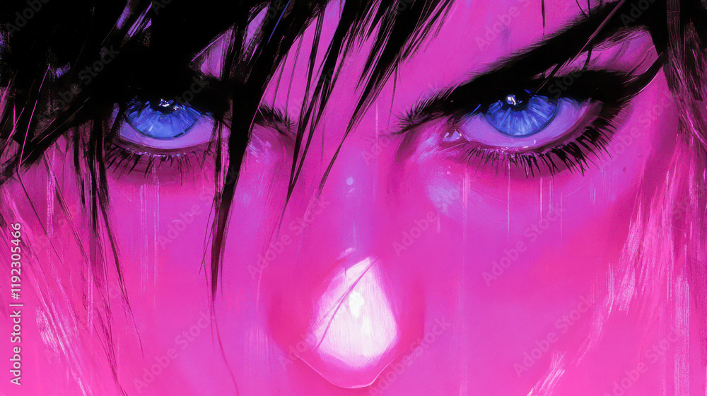 Poster striking close-up of a character with intense blue eyes and vibrant pink tones capturing a bold, dyn