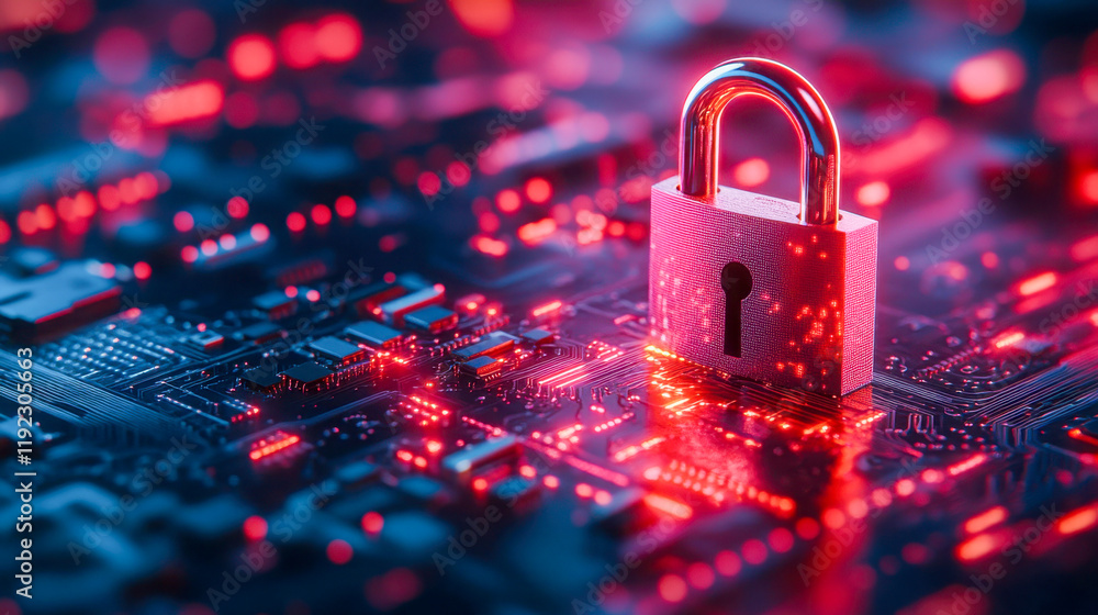 Poster digital security lock on circuit board represents cybersecurity and data protection in modern techno