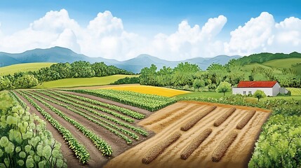 Creative illustration of sustainable farming practices featuring crop rotation intercropping techniques promoting soil health and increased agricultural biodiversity