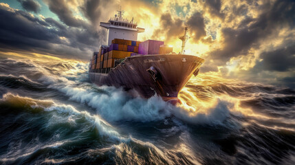 Majestic container ship navigating turbulent waters at sunset