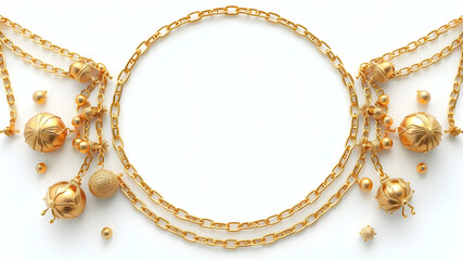 8K 3D render of a circular frame composed of polished golden chains and decorative ornaments, isolated on a white background