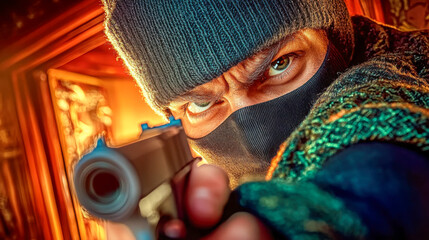Suspenseful moment captured as an armed figure glares with determination during a tense situation at night