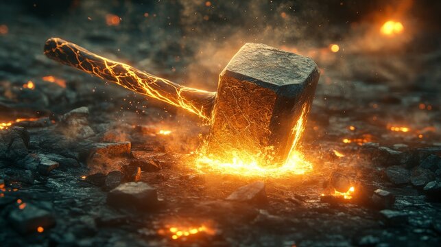 Glowing hammer creating crater of molten lava and sparks on rocky ground