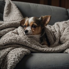 A small dog wrapped in a soft blanket, lying on a couch.