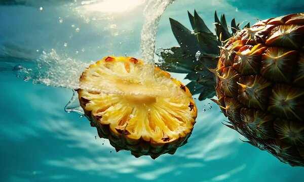 Fresh pineapple slices splashing into clear blue water, creating dynamic bubbles and ripples, evoking a tropical feel