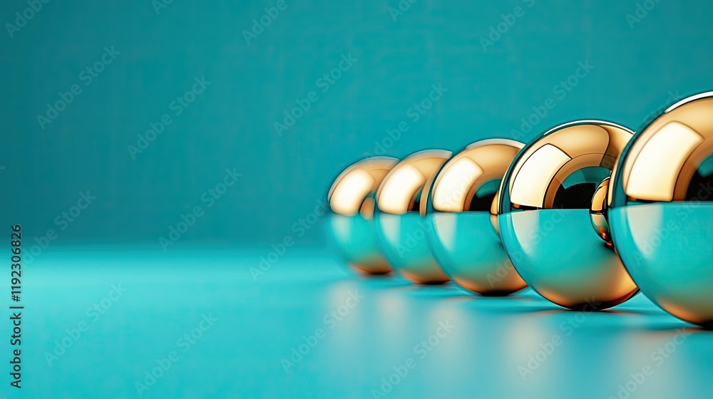 Poster vivid gradient idea. colorful spheres aligned on a turquoise background, showcasing depth and reflec
