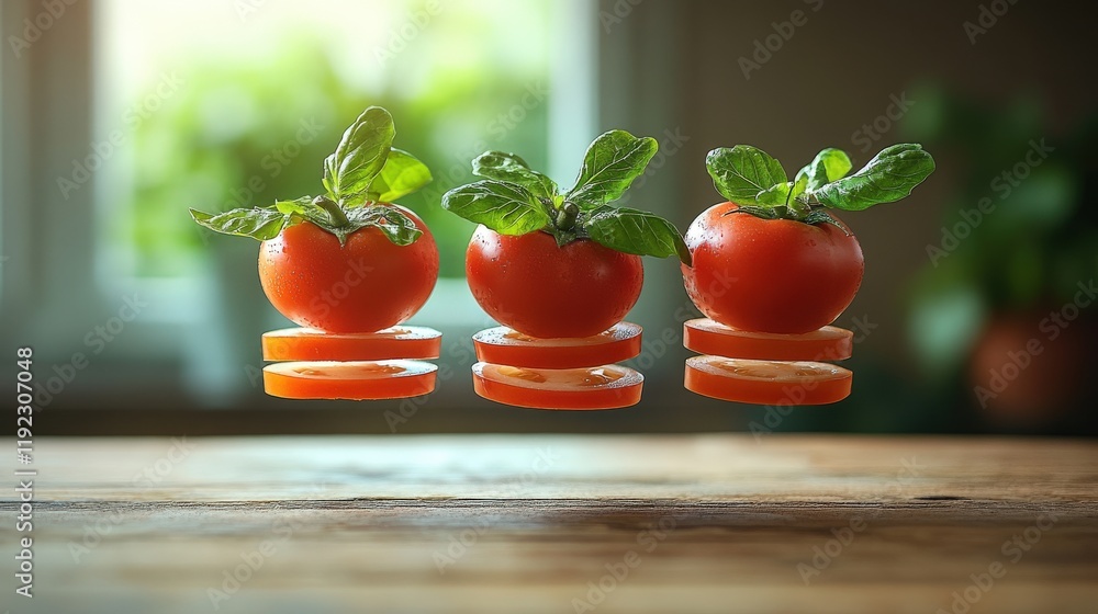 Poster three vibrant tomatoes with basil, sliced and levitating above a rustic wooden surface, creating a f