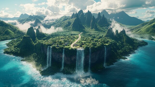 3d illustration of floating road with tropical island. piece of land with waterfall and ocean with beautiful landscape isolated. sea with asphalt road and mountains isolated with clouds. 