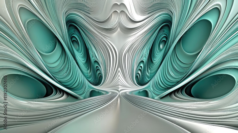 Poster minimal symmetry concept. abstract digital artwork featuring intricate patterns and soothing teal co