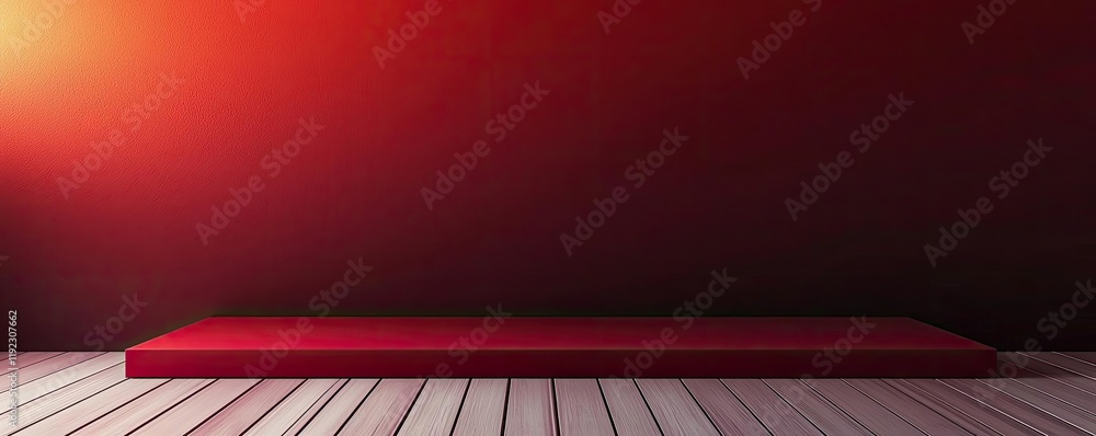 Poster minimal symmetry concept. minimalistic red stage with wooden floor and gradient background ideal for