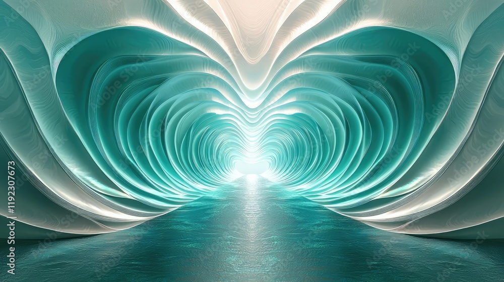 Poster minimal symmetry concept. a mesmerizing abstract tunnel with turquoise waves and a bright light at t