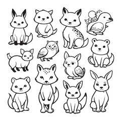 
Black and white cute animal kids collection, sketch line art design, Adorable animal, domestic animal set silhouette vector, wild animal illustration.