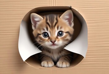 Kitten is peeking out of a cardboard box