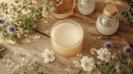 Herbal cosmetic cream jar surrounded by wildflowers