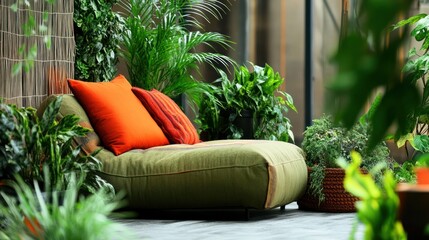 Obraz premium Green chaise lounge with orange pillows nestled amongst lush tropical plants in a tranquil outdoor setting.