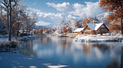 Obraz premium Winter Wonderland Cabin by the Lake: A Peaceful Snowy Escape in the Mountains