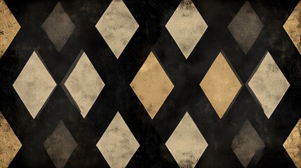 Abstract geometric diamond pattern background with grunge texture in beige, brown, and black.