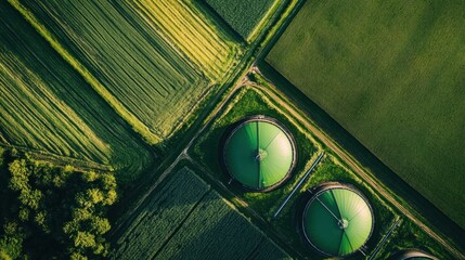 Aerial view of biogas plant in green agricultural fields.
